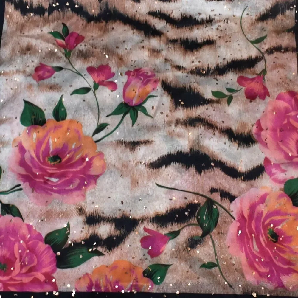 Vince Camuto Floral Animal Print Sparkly Sheer Scarf Wrap Pink Black Beige